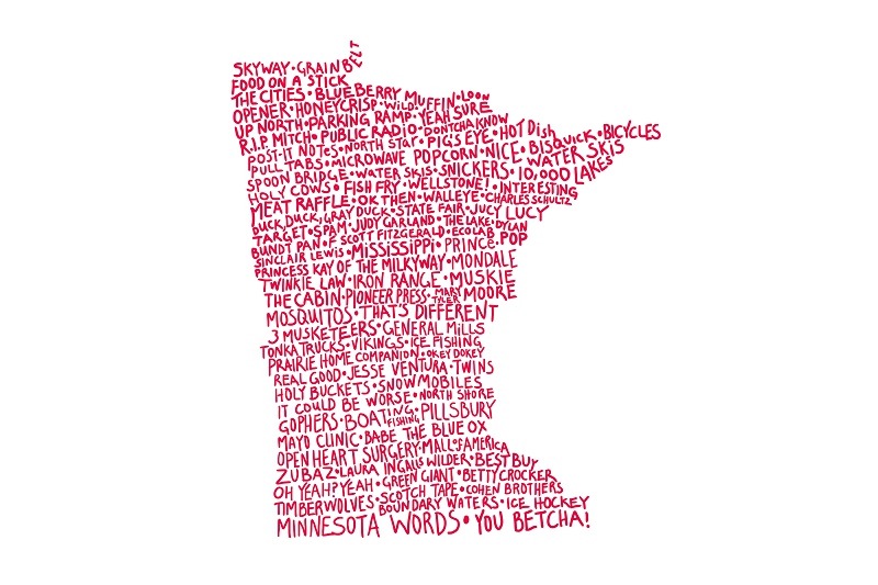 Hand-lettered list of Minnesota words. In the shape of the sate