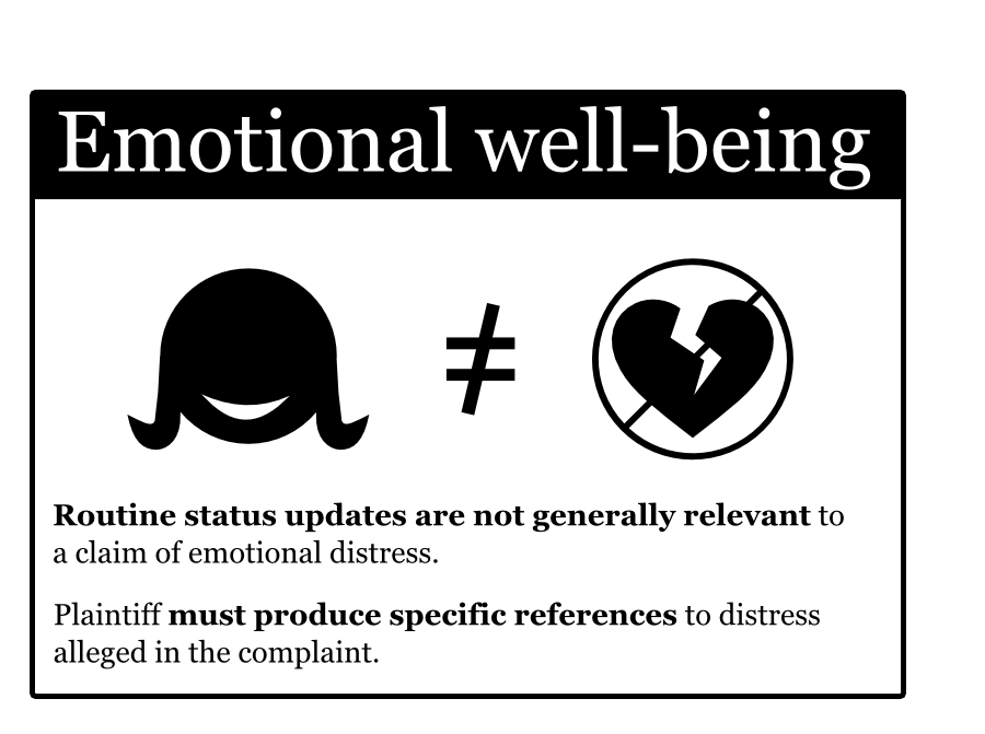 While the relevance of a posting reflecting engagement in a physical activity that would not be feasible given the plaintiffs claimed physical injury is obvious, the relationship of routine expressions of mood to a claim for emotional distress damages is much more tenuous. Let's parse this: Connection between physical activity and physical injury is obvious. The connection between mood and emotional distress is tenuous While the relevance of a posting reflecting engagement in a physical activity that would not be feasible given the plaintiffs claimed physical injury is obvious, the relationship of routine expressions of mood to a claim for emotional distress damages is much more tenuous. Emotional well-being Routine status updates are not generally relevantto a claim of emotional distress. Plaintiff must produce specific referencesto distress alleged in the complaint. = = Postings that are inconsistentwith claimed physical injury are relevant and must be produced. Physical health