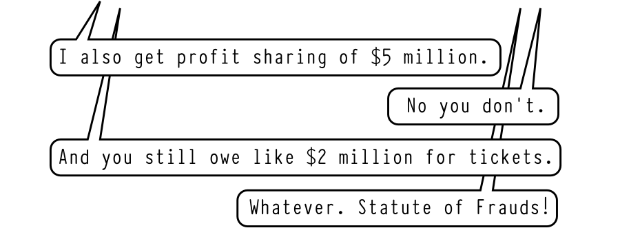 I also get profit sharing of $5 million. No you don't. This worked for two months until ATG grew dissatisfied with Blue Sky. In those two months they sold 8,500 tickets totalling $18 million. And you still owe like $2 million for tickets. Whatever. Statute of Frauds!