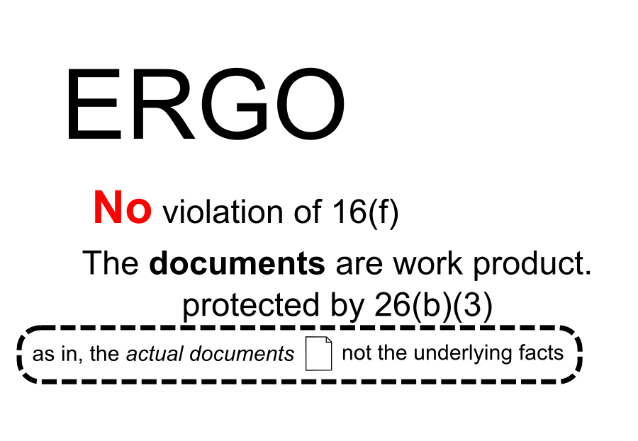 No violation of 16(f) The documents are work product. protected by 26(b)(3) as in, the actual documents not the underlying facts ERGO