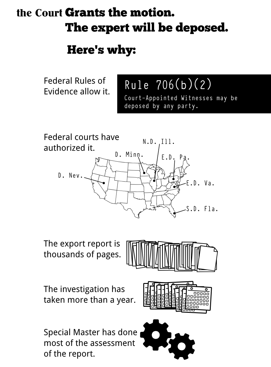 the CourtGrants the motion. The expert will be deposed. The export report is thousands of pages. The investigation has taken more than a year. Special Master has done most of the assessment of the report. Federal Rules of Evidence allow it. Rule 706(b)(2) Court-Appointed Witnesses may be deposed by any party. Federal courts have authorized it. E.D. Va. D. Nev. S.D. Fla. E.D. Pa. D. Minn. N.D. Ill. Here's why: