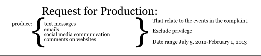 text messages emails social media communication comments on websites Request for Production: any website/message board membership { { produce: { { Exclude privilege That relate to the events in the complaint. Date range July 5, 2012-February 1, 2013 Date range July 5, 2012-February 1, 2013