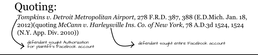 Tompkins v. Detroit Metropolitan Airport, 278 F.R.D. 387, 388 (E.D.Mich. Jan. 18, 2012)(quoting McCann v. Harleysville Ins. Co. of New York, 78 A.D.3d 1524, 1524 (N.Y. App. Div. 2010)) Quoting: defendant sought Authorization for plaintiff's Facebook account defendant sought entire Facebook account